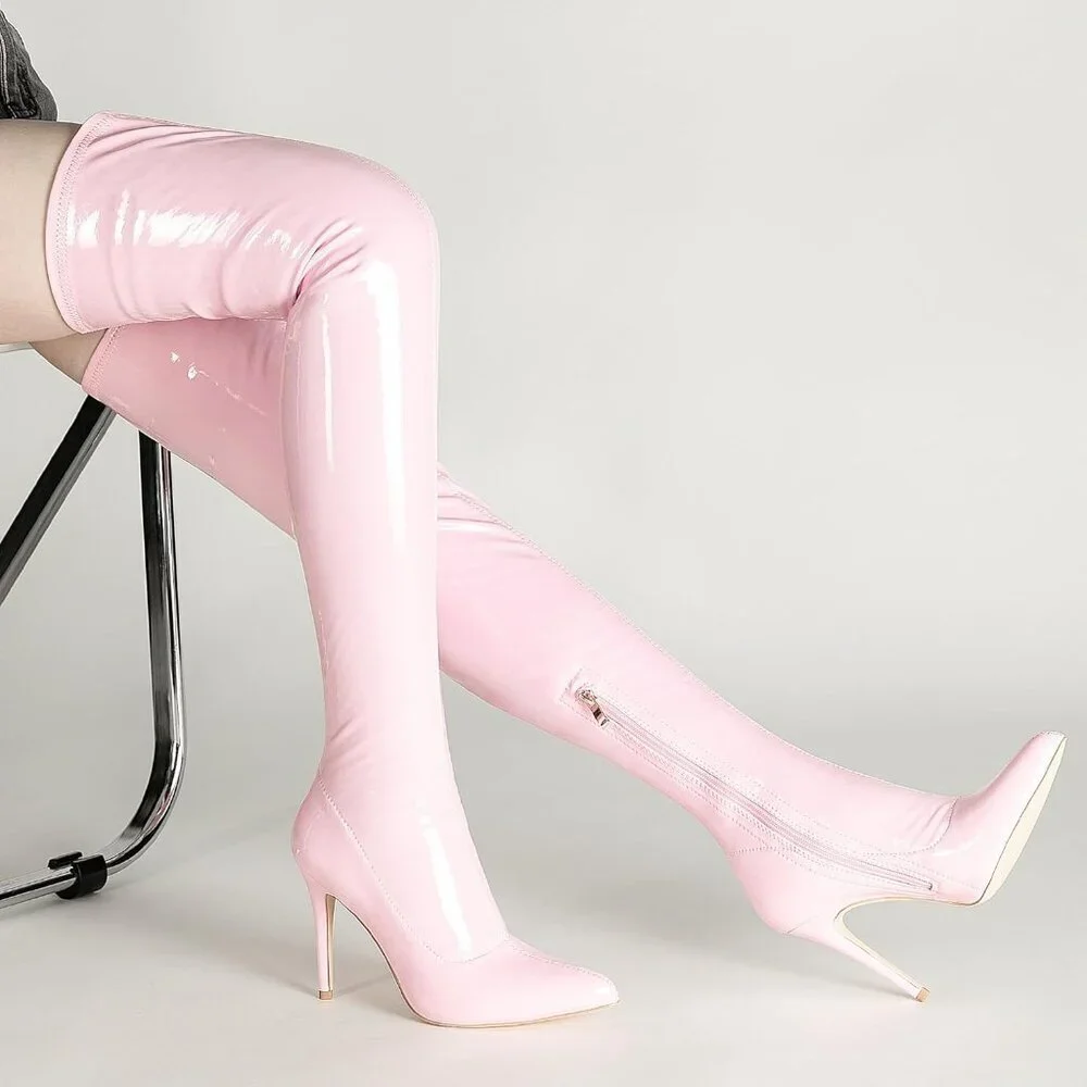 Women Pink Patent pu Side Zipper Stiletto High Heel Over The Knee Comfy Boots